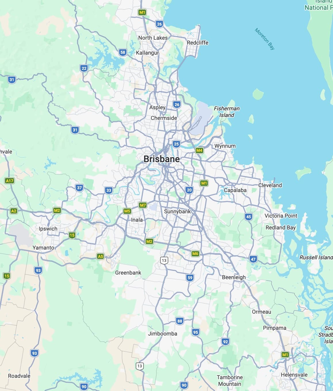 Map of MRF Electrical's service area across Brisbane, Moreton Bay, the northern Gold Coast and southern Sunshine Coast
